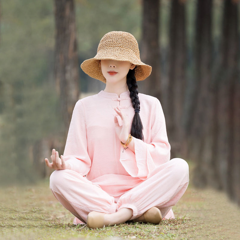 Ensemble de 2 pièces en coton et lin pour femme avec haut et pantalon uni Motif Buddha Stones Yoga Zen Tai Chi - Bouton grenouille chinoise rose sur le devant (haut et pantalon) - US8-10，UK/AU12-14，EU40-42 (2XL) - image 0