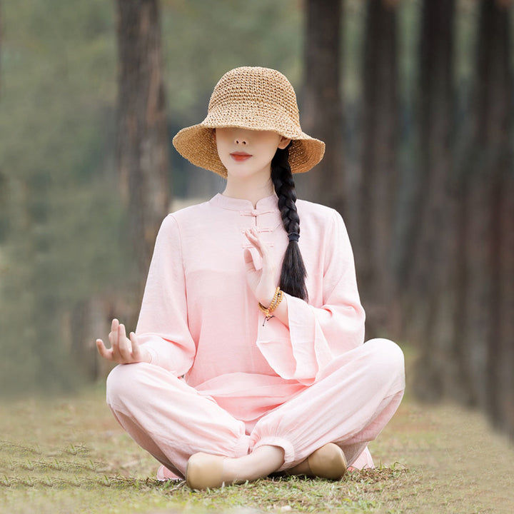 Ensemble de 2 pièces en coton et lin pour femme avec haut et pantalon uni Motif Buddha Stones Yoga Zen Tai Chi - Bouton grenouille chinoise rose sur le devant (haut et pantalon) - US8-10，UK/AU12-14，EU40-42 (2XL) - image 0