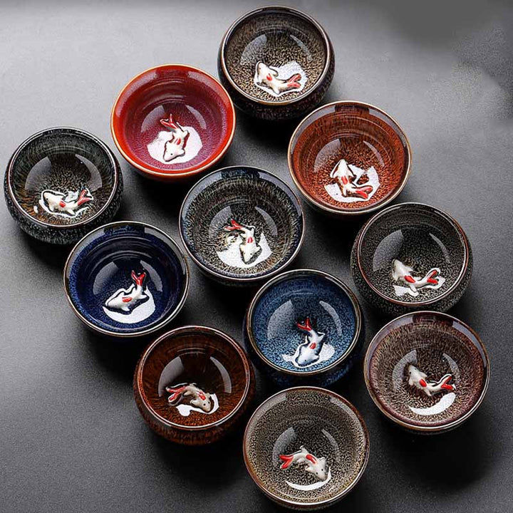 Buddha Stones Petit poisson Koi Four Changement Chinois Jianzhan Tasse à thé en céramique Tasse à thé Kung Fu 60 ml