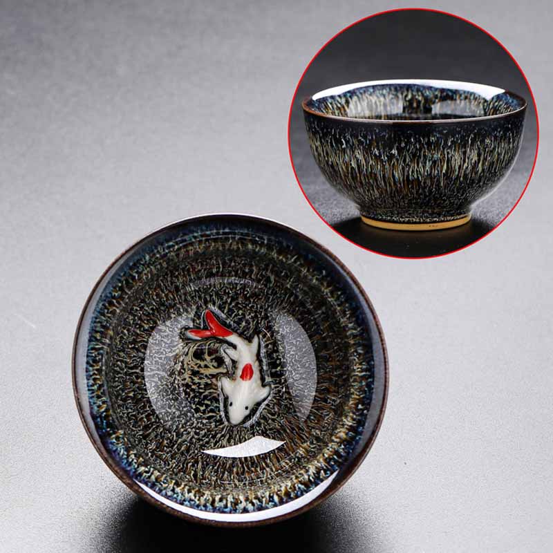 Buddha Stones Petit poisson Koi Four Changement Chinois Jianzhan Tasse à thé en céramique Tasse à thé Kung Fu 60 ml