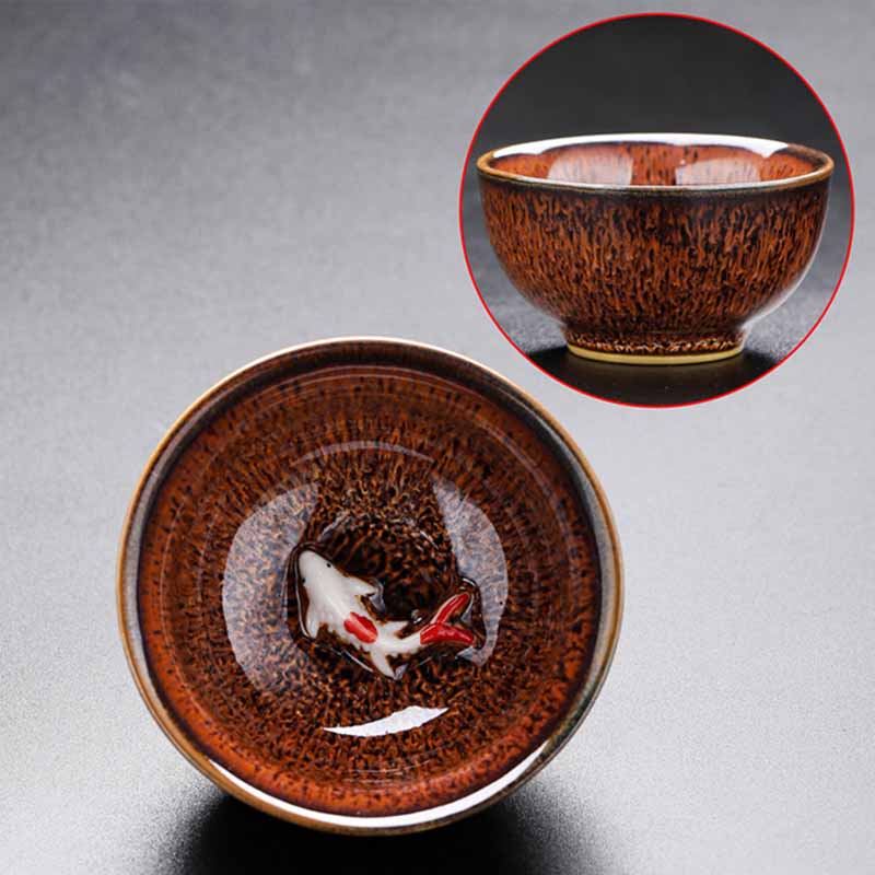 Buddha Stones Petit poisson Koi Four Changement Chinois Jianzhan Tasse à thé en céramique Tasse à thé Kung Fu 60 ml