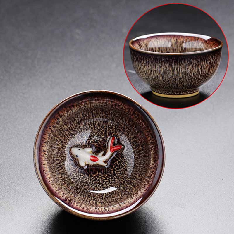 Buddha Stones Petit poisson Koi Four Changement Chinois Jianzhan Tasse à thé en céramique Tasse à thé Kung Fu 60 ml