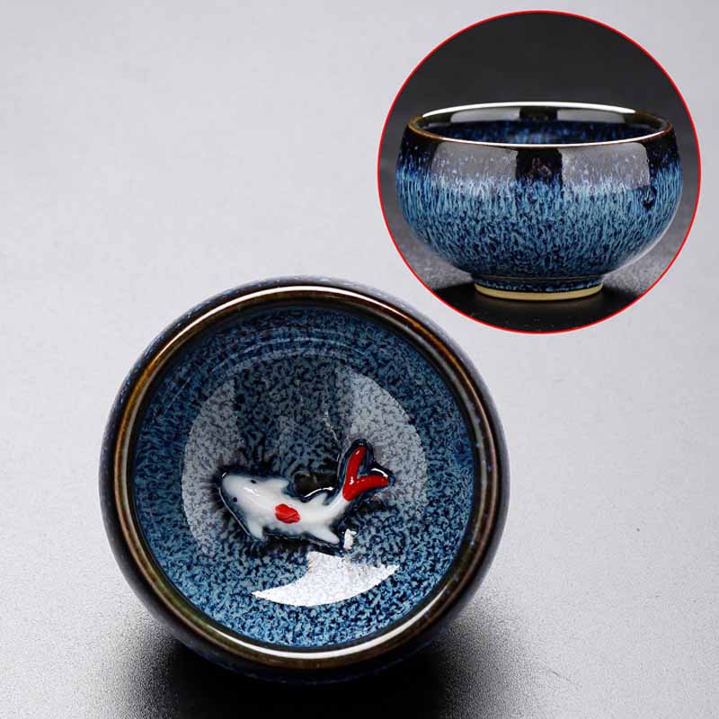 Buddha Stones Petit poisson Koi Four Changement Chinois Jianzhan Tasse à thé en céramique Tasse à thé Kung Fu 60 ml