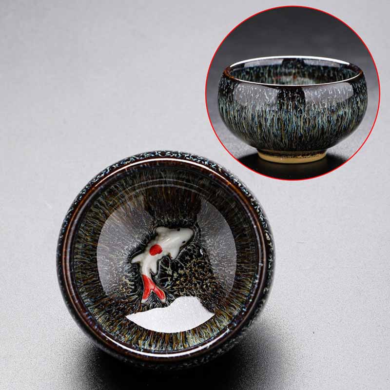 Buddha Stones Petit poisson Koi Four Changement Chinois Jianzhan Tasse à thé en céramique Tasse à thé Kung Fu 60 ml