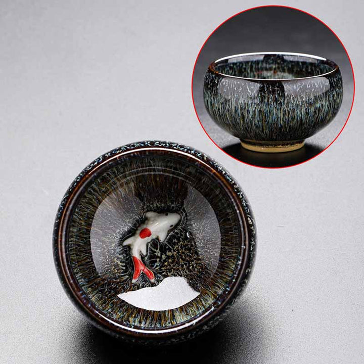 Buddha Stones Petit poisson Koi Four Changement Chinois Jianzhan Tasse à thé en céramique Tasse à thé Kung Fu 60 ml