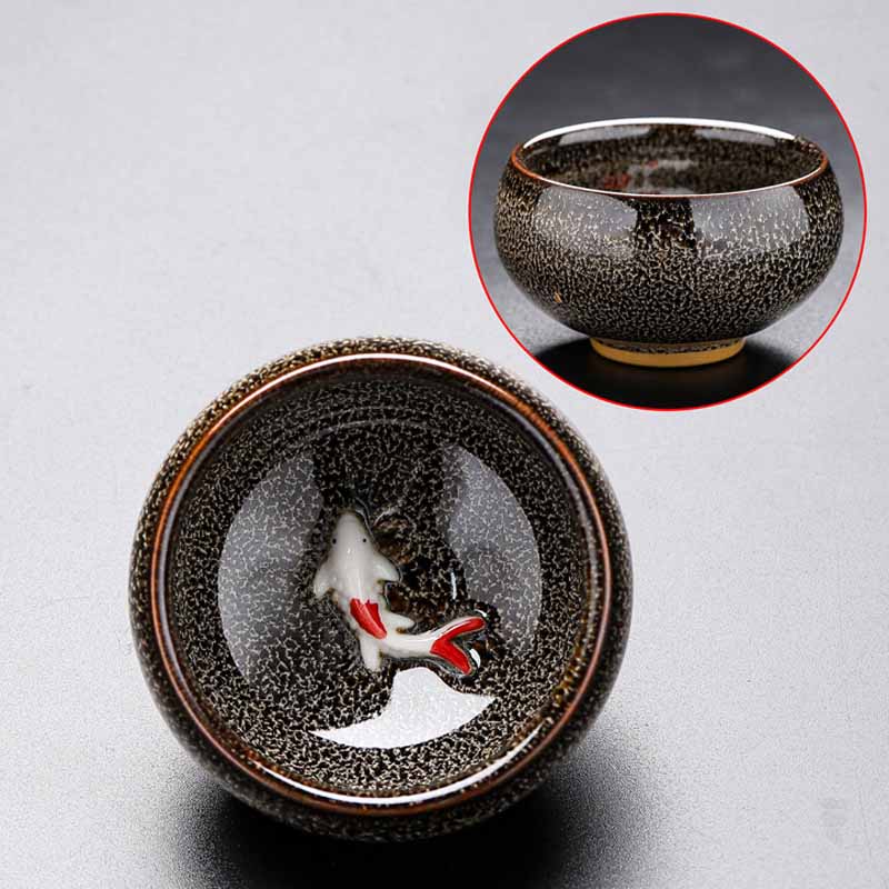 Buddha Stones Petit poisson Koi Four Changement Chinois Jianzhan Tasse à thé en céramique Tasse à thé Kung Fu 60 ml