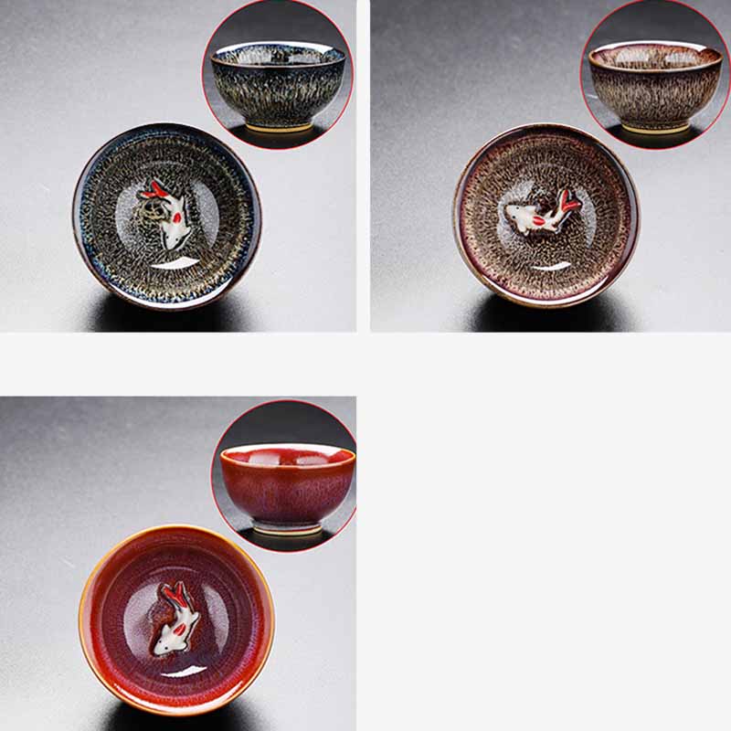 Buddha Stones Petit poisson Koi Four Changement Chinois Jianzhan Tasse à thé en céramique Tasse à thé Kung Fu 60 ml