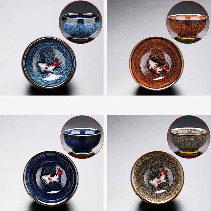 Buddha Stones Petit poisson Koi Four Changement Chinois Jianzhan Tasse à thé en céramique Tasse à thé Kung Fu 60 ml