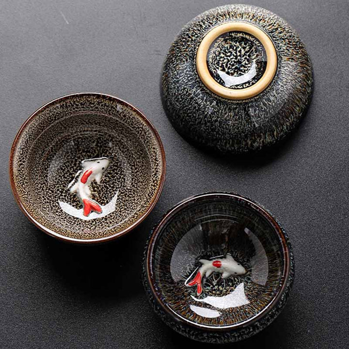 Buddha Stones Petit poisson Koi Four Changement Chinois Jianzhan Tasse à thé en céramique Tasse à thé Kung Fu 60 ml