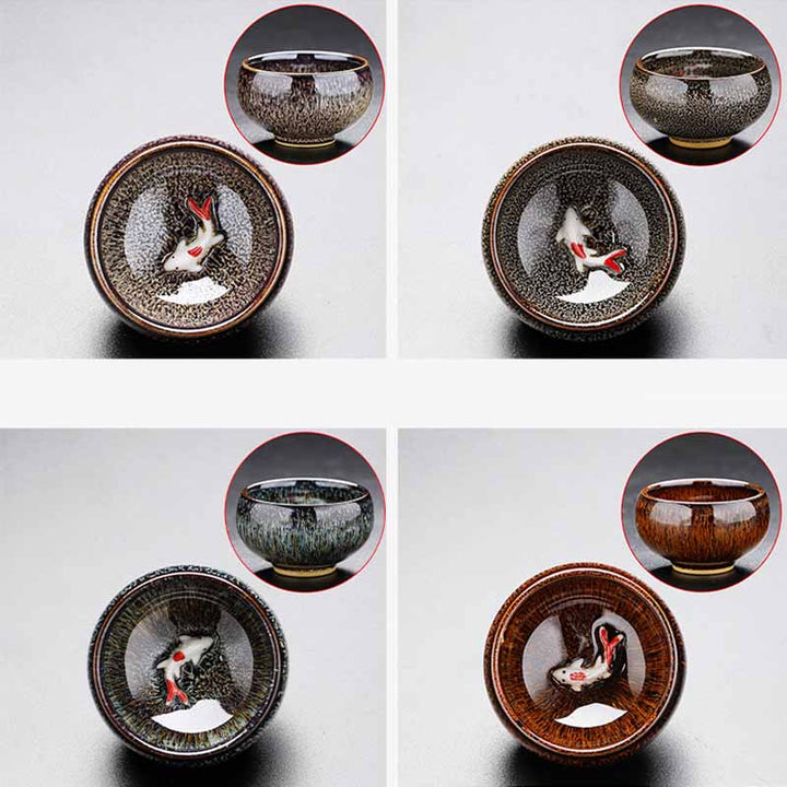 Buddha Stones Petit poisson Koi Four Changement Chinois Jianzhan Tasse à thé en céramique Tasse à thé Kung Fu 60 ml