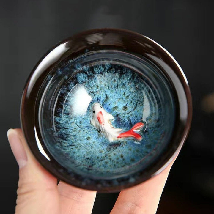 Buddha Stones Petit poisson Koi Bleu Four Changement Chinois Jianzhan Céramique Tasse à thé Kung Fu Tasse à thé 75 ml