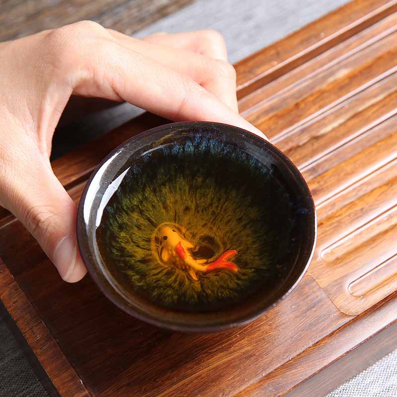 Buddha Stones Petit poisson Koi Bleu Four Changement Chinois Jianzhan Céramique Tasse à thé Kung Fu Tasse à thé 75 ml