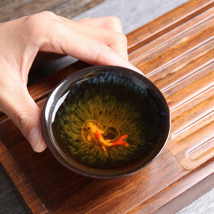 Buddha Stones Petit poisson Koi Bleu Four Changement Chinois Jianzhan Céramique Tasse à thé Kung Fu Tasse à thé 75 ml