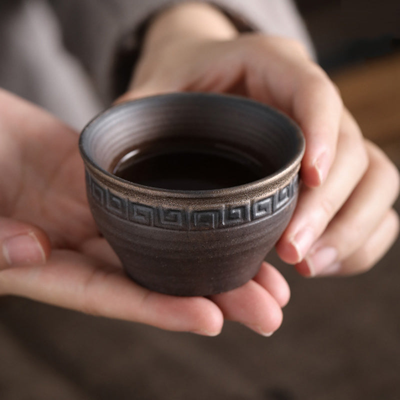 Tasse à thé en céramique à texture rayée marron simple Buddha Stones Kung Fu Tea Cup Bowl
