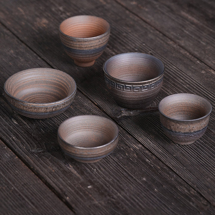 Tasse à thé en céramique à texture rayée marron simple Buddha Stones Kung Fu Tea Cup Bowl