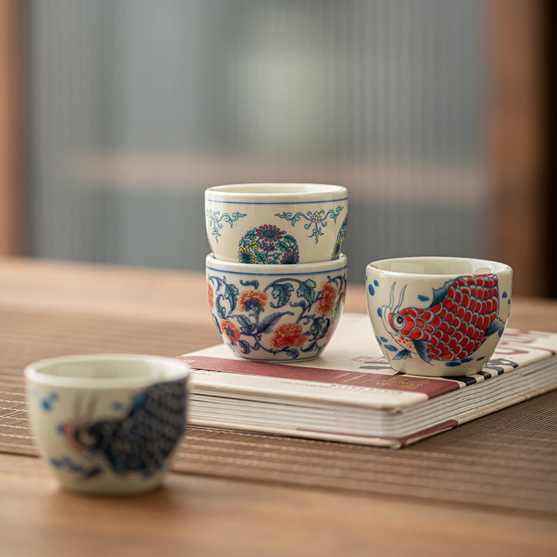 Buddha Stones Poisson Koi Arowana Pivoine Tournesol Tasse à Thé en Céramique Tasse à Thé Kung Fu 60 ml