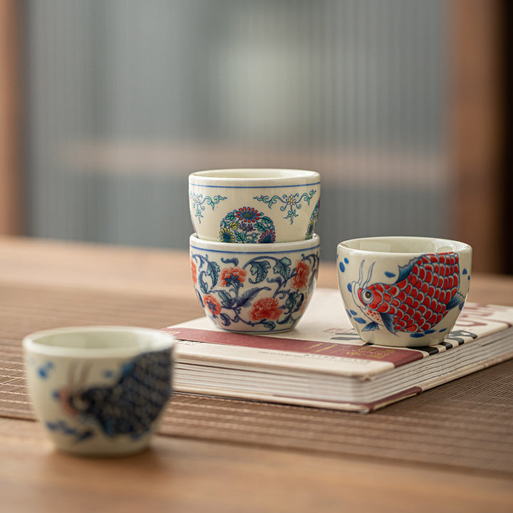 Buddha Stones Poisson Koi Arowana Pivoine Tournesol Tasse à Thé en Céramique Tasse à Thé Kung Fu 60 ml