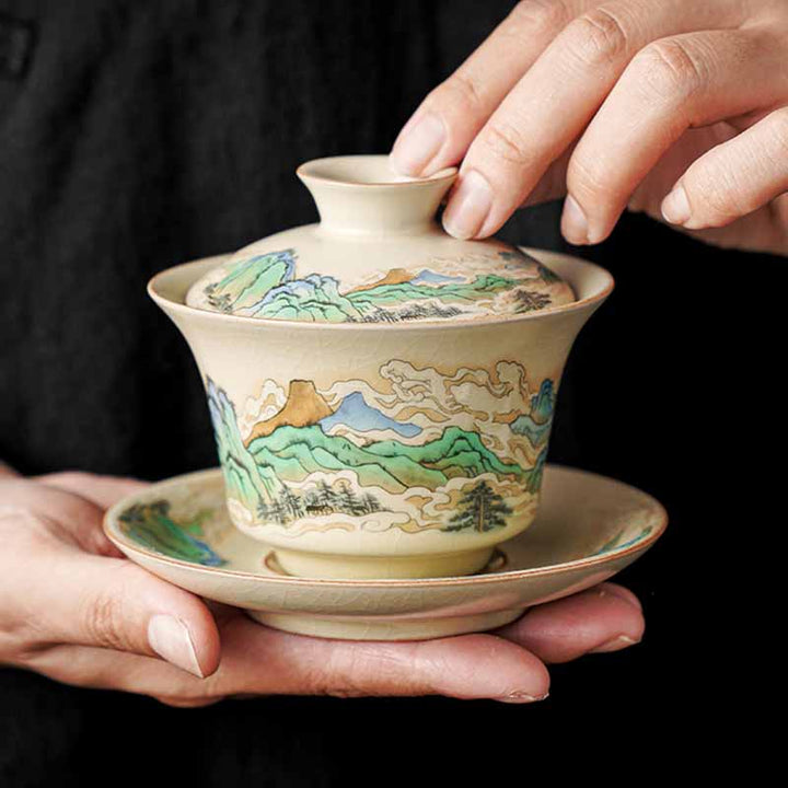 Buddha Stones Un panorama de rivières et de montagnes Fleurs Tasse à thé en céramique Gaiwan Sancai Tasse à thé Kung Fu et soucoupe avec couvercle - Panorama de rivières et de montagnes 12 cm x 9 cm x 100 ml - image 0