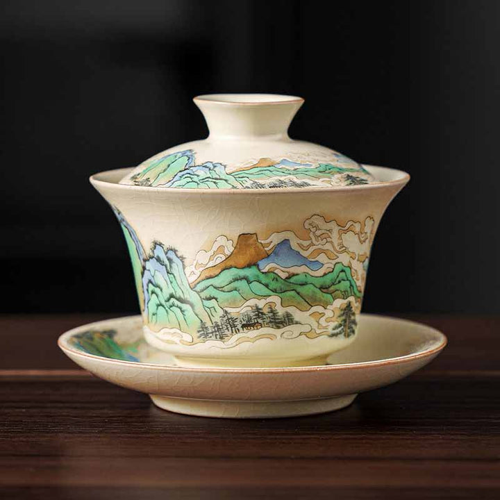 Buddha Stones Un panorama de rivières et de montagnes Fleurs Tasse à thé en céramique Gaiwan Sancai Tasse à thé Kung Fu et soucoupe avec couvercle - image 1