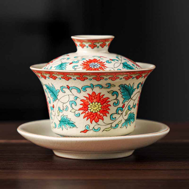 Buddha Stones Un panorama de rivières et de montagnes Fleurs Tasse à thé en céramique Gaiwan Sancai Tasse à thé Kung Fu et soucoupe avec couvercle - Fleur 12 cm x 9 cm x 100 ml - image 8