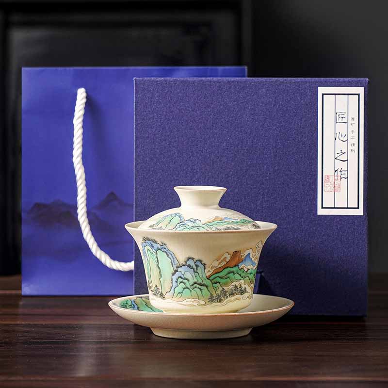 Buddha Stones Un panorama de rivières et de montagnes Fleurs Tasse à thé en céramique Gaiwan Sancai Tasse à thé Kung Fu et soucoupe avec couvercle - Panorama de rivières et de montagnes 12 cm x 9 cm x 100 ml avec coffret cadeau - image 9