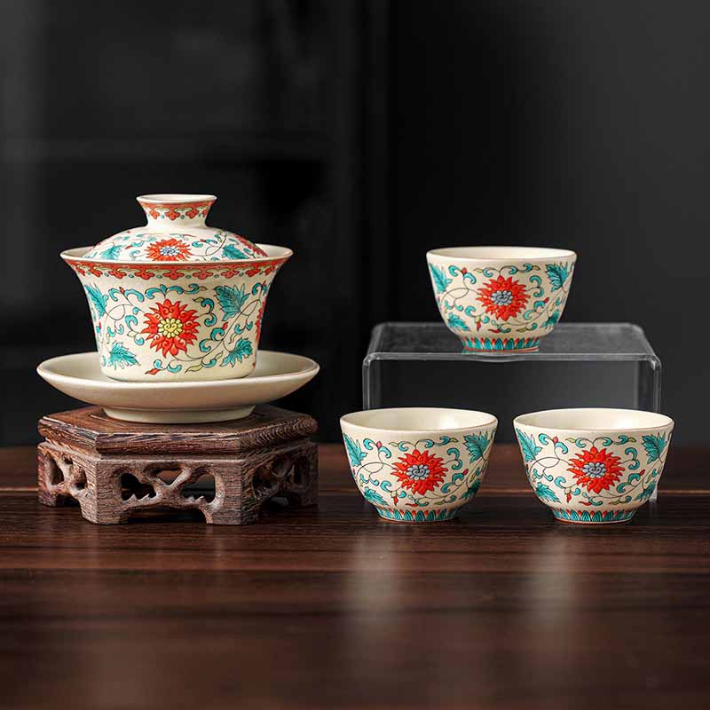 Buddha Stones Un panorama de rivières et de montagnes Fleurs Tasse à thé en céramique Gaiwan Sancai Tasse à thé Kung Fu et soucoupe avec couvercle - 4 fleurs (1 fleur de 12 cm x 9 cm x 100 ml et 3 fleurs de 6,5 cm x 4 cm x 40 ml) - image 14