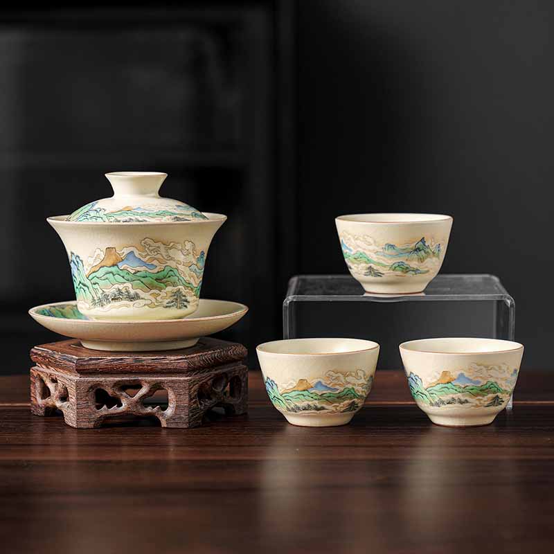 Buddha Stones Un panorama de rivières et de montagnes Fleurs Tasse à thé en céramique Gaiwan Sancai Tasse à thé Kung Fu et soucoupe avec couvercle - 4PCS Panorama de rivières et de montagnes (1PC 12cm*9cm*100ml et 3PCS 6.5*4cm*40ml) - image 13