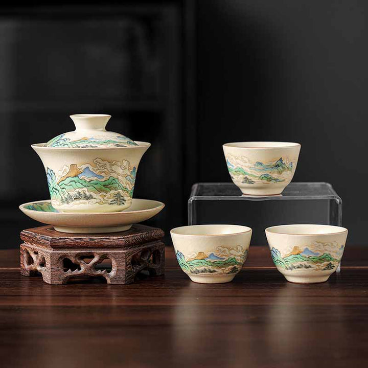 Buddha Stones Un panorama de rivières et de montagnes Fleurs Tasse à thé en céramique Gaiwan Sancai Tasse à thé Kung Fu et soucoupe avec couvercle - 4PCS Panorama de rivières et de montagnes (1PC 12cm*9cm*100ml et 3PCS 6.5*4cm*40ml) - image 13