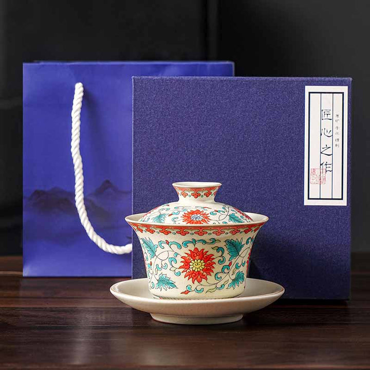 Buddha Stones Un panorama de rivières et de montagnes Fleurs Tasse à thé en céramique Gaiwan Sancai Tasse à thé Kung Fu et soucoupe avec couvercle - Fleur 12 cm x 9 cm x 100 ml avec coffret cadeau - image 12
