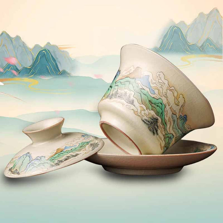 Buddha Stones Un panorama de rivières et de montagnes Fleurs Tasse à thé en céramique Gaiwan Sancai Tasse à thé Kung Fu et soucoupe avec couvercle - image 5