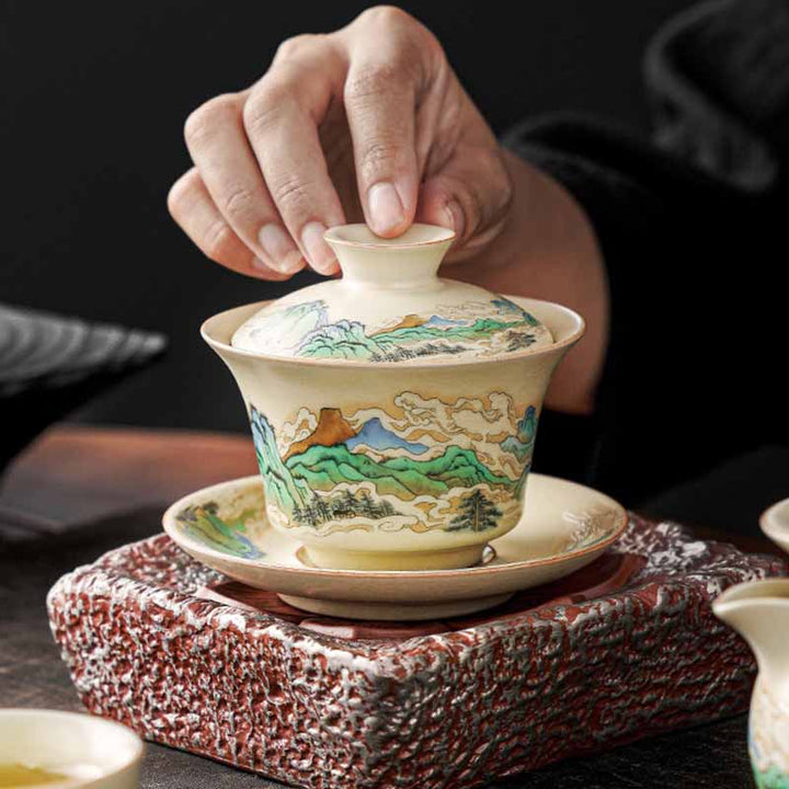 Buddha Stones Un panorama de rivières et de montagnes Fleurs Tasse à thé en céramique Gaiwan Sancai Tasse à thé Kung Fu et soucoupe avec couvercle - image 3
