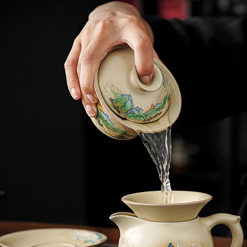 Buddha Stones Un panorama de rivières et de montagnes Fleurs Tasse à thé en céramique Gaiwan Sancai Tasse à thé Kung Fu et soucoupe avec couvercle - image 4