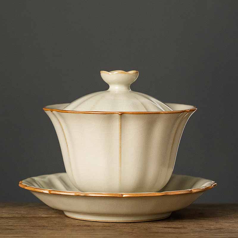 Buddha Stones Beige Fleur de Prunier Forme Branche de Pêche Céramique Gaiwan Sancai Tasse à Thé Kung Fu Tasse à Thé Avec Couvercle - image 1