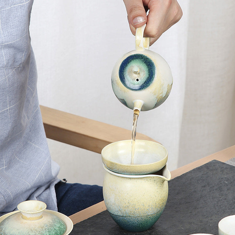 Théière Kung Fu en céramique chinoise Gongfu verte et beige avec Buddha Stones 230 ml