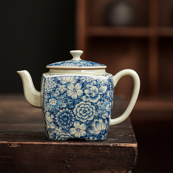 Théière en céramique de style chinois Gongfu en porcelaine bleue et blanche avec Buddha Stones
