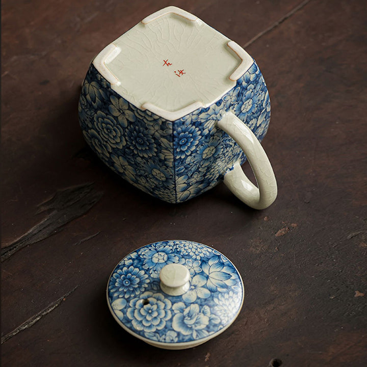 Théière en céramique de style chinois Gongfu en porcelaine bleue et blanche avec Buddha Stones