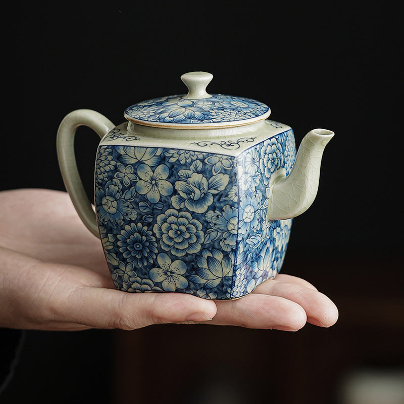 Théière en céramique de style chinois Gongfu en porcelaine bleue et blanche avec Buddha Stones