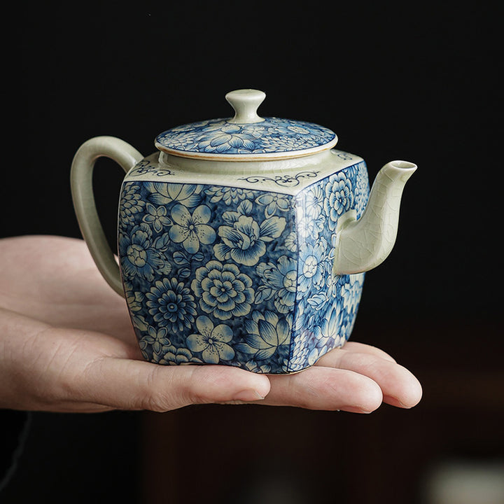 Théière en céramique de style chinois Gongfu en porcelaine bleue et blanche avec Buddha Stones
