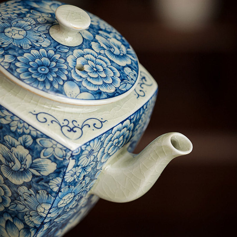 Théière en céramique de style chinois Gongfu en porcelaine bleue et blanche avec Buddha Stones