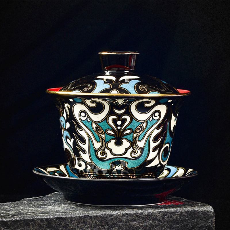 Tasse à thé en céramique Gaiwan Sancai avec motif de masque d'opéra de Pékin en Buddha Stones , tasse à thé Kung Fu et soucoupe avec couvercle