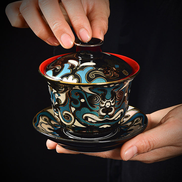 Tasse à thé en céramique Gaiwan Sancai avec motif de masque d'opéra de Pékin en Buddha Stones , tasse à thé Kung Fu et soucoupe avec couvercle