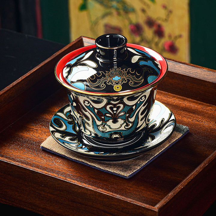 Tasse à thé en céramique Gaiwan Sancai avec motif de masque d'opéra de Pékin en Buddha Stones , tasse à thé Kung Fu et soucoupe avec couvercle