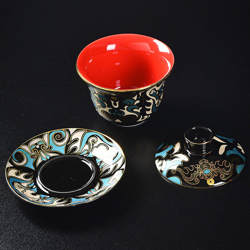 Tasse à thé en céramique Gaiwan Sancai avec motif de masque d'opéra de Pékin en Buddha Stones , tasse à thé Kung Fu et soucoupe avec couvercle