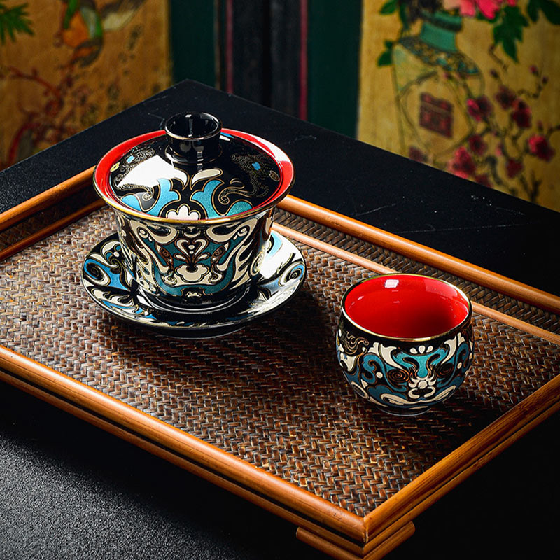 Tasse à thé en céramique Gaiwan Sancai avec motif de masque d'opéra de Pékin en Buddha Stones , tasse à thé Kung Fu et soucoupe avec couvercle