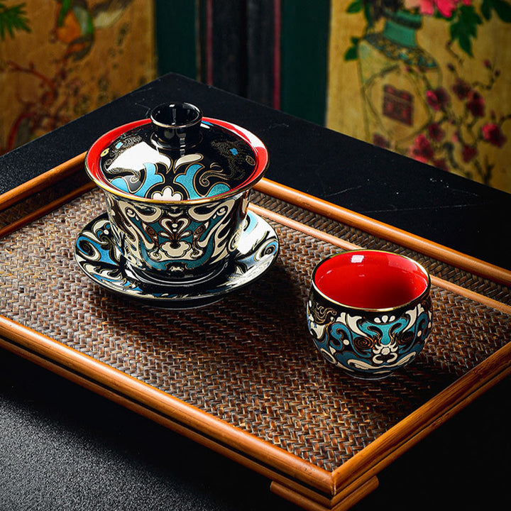 Tasse à thé en céramique Gaiwan Sancai avec motif de masque d'opéra de Pékin en Buddha Stones , tasse à thé Kung Fu et soucoupe avec couvercle