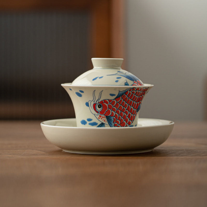Buddha Stones Koi Fish Arowana Céramique Gaiwan Sancai Tasse à Thé Kung Fu Tasse à Thé Avec Couvercle 130ml