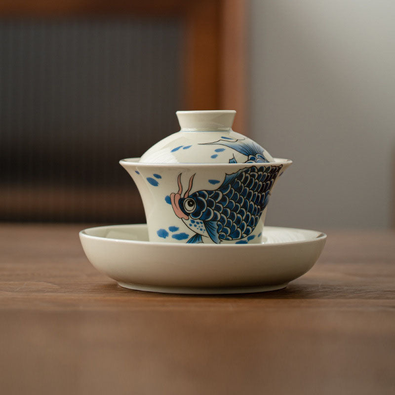 Buddha Stones Koi Fish Arowana Céramique Gaiwan Sancai Tasse à Thé Kung Fu Tasse à Thé Avec Couvercle 130ml