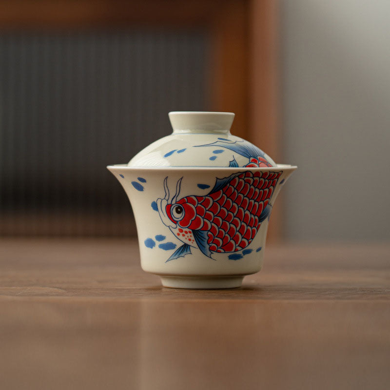 Buddha Stones Koi Fish Arowana Céramique Gaiwan Sancai Tasse à Thé Kung Fu Tasse à Thé Avec Couvercle 130ml
