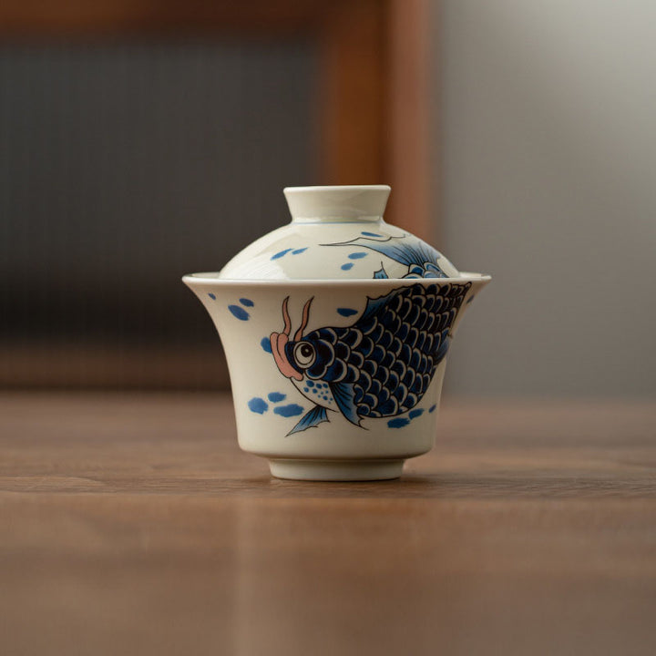 Buddha Stones Koi Fish Arowana Céramique Gaiwan Sancai Tasse à Thé Kung Fu Tasse à Thé Avec Couvercle 130ml