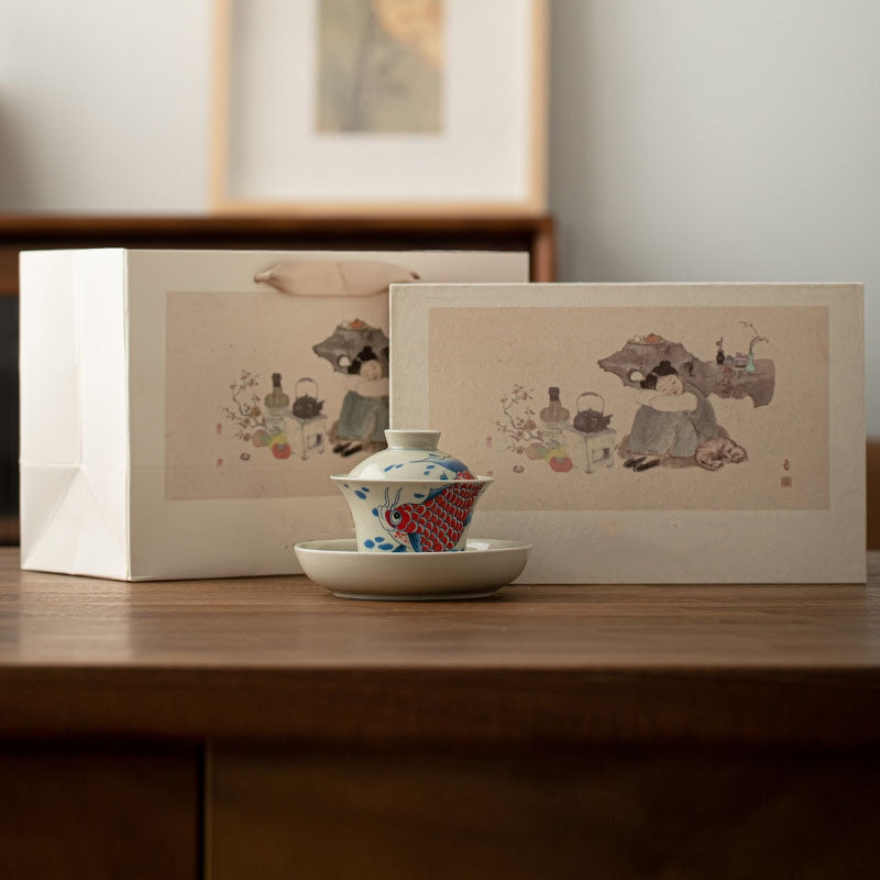 Buddha Stones Koi Fish Arowana Céramique Gaiwan Sancai Tasse à Thé Kung Fu Tasse à Thé Avec Couvercle 130ml